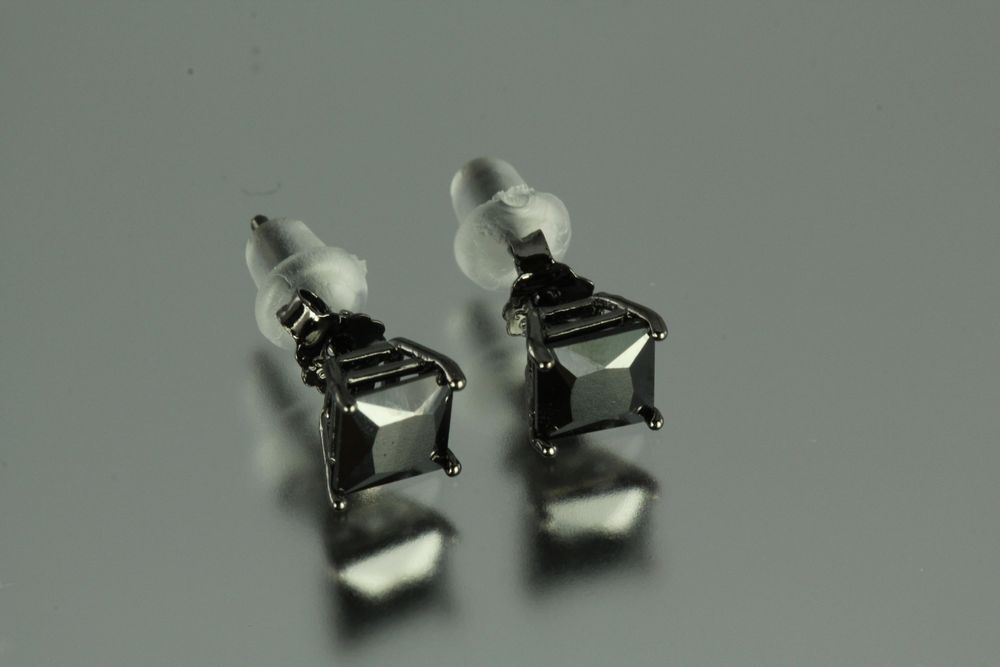 5MM~1.21 CTW~BLACK ON BLACK PRINCESS CUT STERLING SILVER 925 STUD EARRINGS~MXU