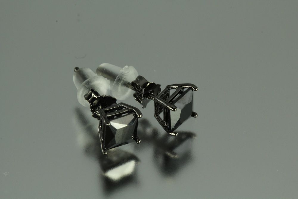 5MM~1.21 CTW~BLACK ON BLACK PRINCESS CUT STERLING SILVER 925 STUD EARRINGS~MXU