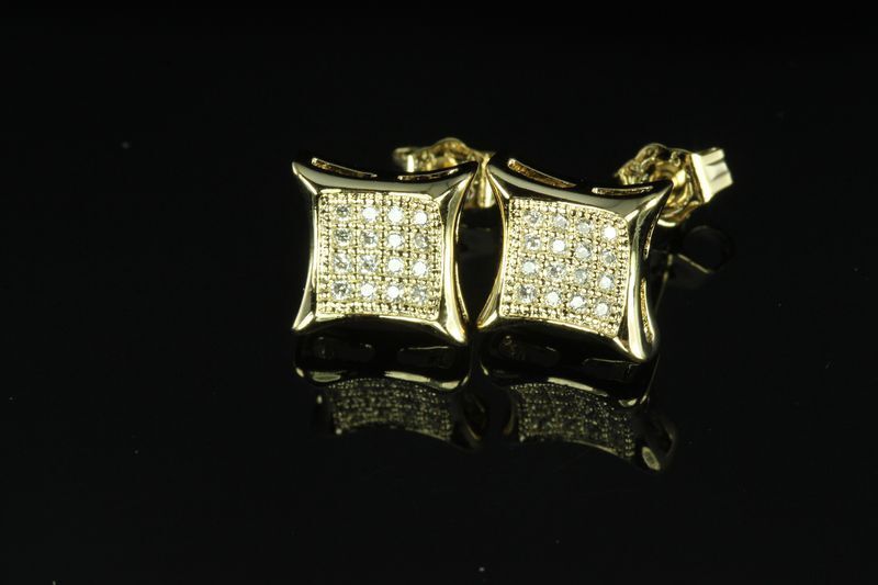 UNIXEX 10K GOLD PLATED STERLING SILVER CLASSIC KITE PAVE CZ STUD EARRINGS-P59-MS