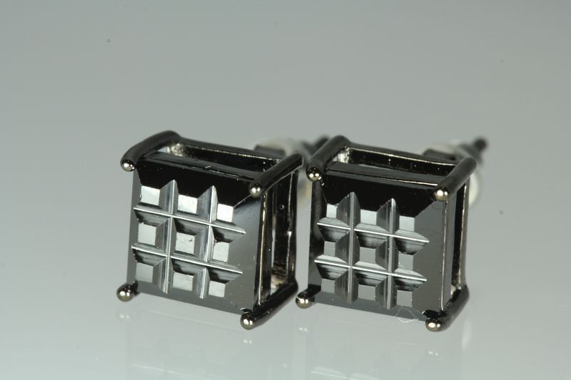 3.33CT BASKET INVISIBLE SET STERLING SILVER BLACK CZ UNISEX STUDS EARRINGS