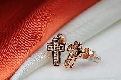 UNISEX 12 CZ STONES STERLING SILVER 925 10K ROSE GOLD PLATED CROSS STUD EARRINGS