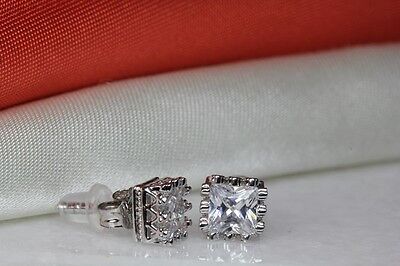 CLEAR PRINCESS CUT 2.1 CRT STERLING SILVER 925 CROWN SET CZ STUD EARRINGS