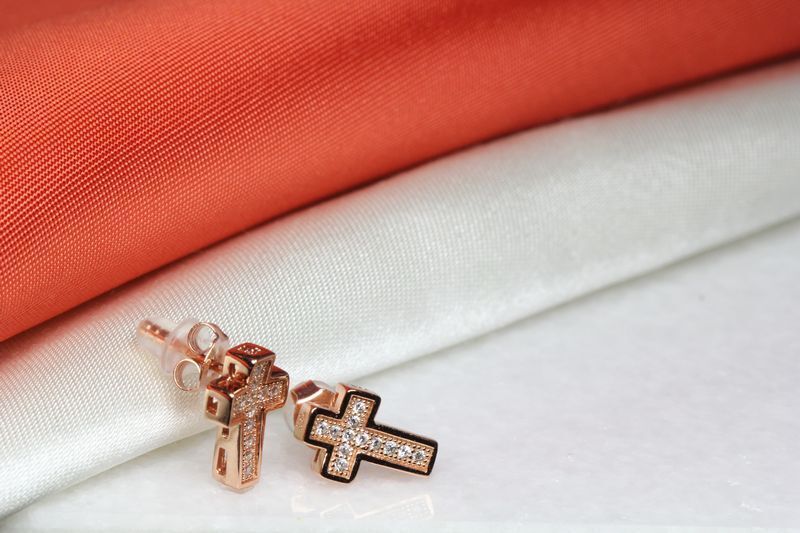 UNISEX 12 CZ STONES STERLING SILVER 925 10K ROSE GOLD PLATED CROSS STUD EARRINGS