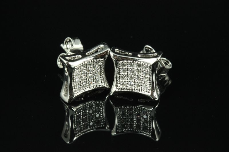 UNIXEX RHODIUM FINISH STERLING SILVER CLASSIC KITE PAVE CZ STUD EARRINGS-P48-MXT