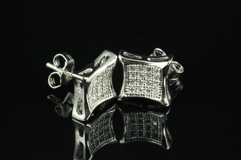 UNIXEX RHODIUM FINISH STERLING SILVER CLASSIC KITE PAVE CZ STUD EARRINGS-P48-MXT
