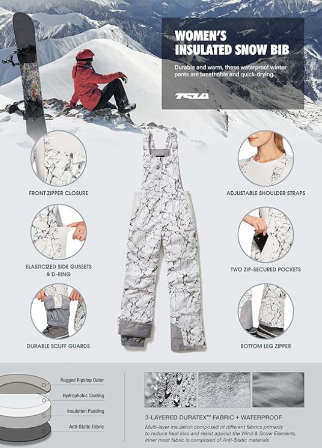 TSLA Women's Winter Snow Bibs, Waterproof Insulated Snowboard Overalls, White, S