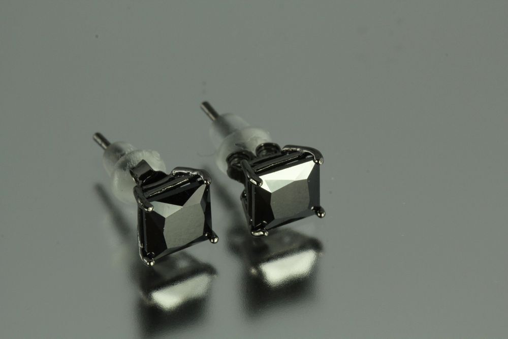6MM~2.10 CTW~BLACK ON BLACK PRINCESS CUT STERLING SILVER 925 STUD EARRINGS~MXS