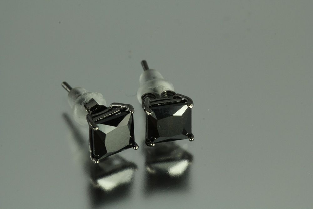 6MM~2.10 CTW~BLACK ON BLACK PRINCESS CUT STERLING SILVER 925 STUD EARRINGS~MXS