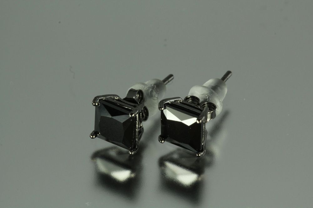 6MM~2.10 CTW~BLACK ON BLACK PRINCESS CUT STERLING SILVER 925 STUD EARRINGS~MXS