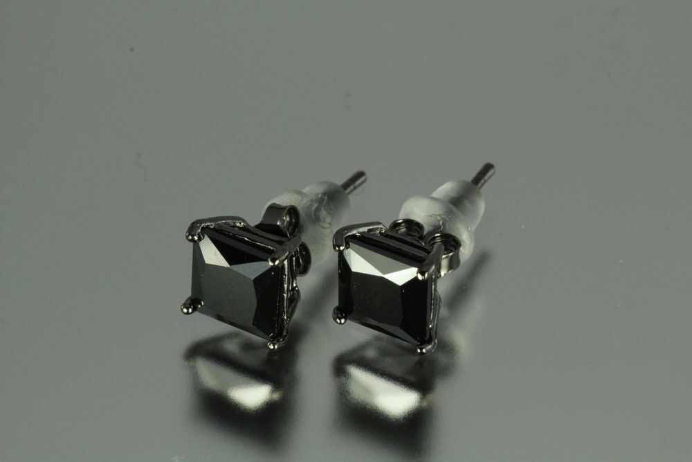 6MM~2.10 CTW~BLACK ON BLACK PRINCESS CUT STERLING SILVER 925 STUD EARRINGS~MXS