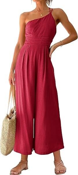 ANRABESS Women' Summer Straps One Shoulder Pleated High Waist Jumpsuit Romper, S