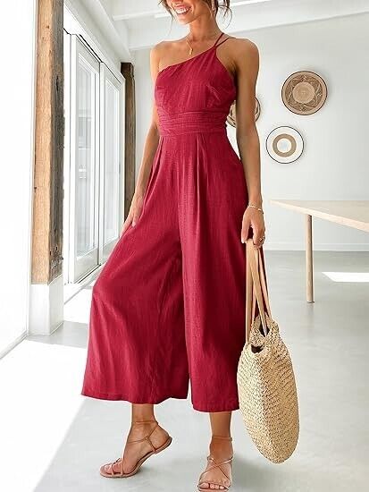 ANRABESS Women' Summer Straps One Shoulder Pleated High Waist Jumpsuit Romper, S
