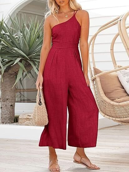 ANRABESS Women' Summer Straps One Shoulder Pleated High Waist Jumpsuit Romper, S