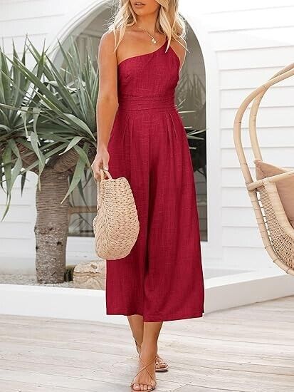 ANRABESS Women' Summer Straps One Shoulder Pleated High Waist Jumpsuit Romper, S