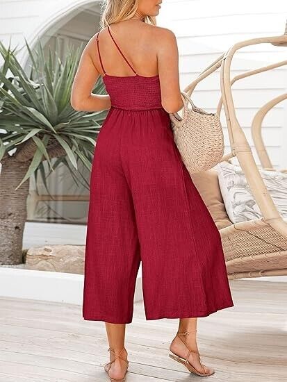 ANRABESS Women' Summer Straps One Shoulder Pleated High Waist Jumpsuit Romper, S