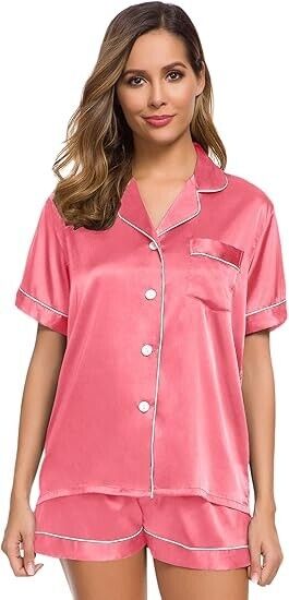 SWOMOG Pajamas Set Short Sleeve Sleepwear Womens Button Down Nightwear Soft Pj M