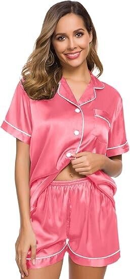 SWOMOG Pajamas Set Short Sleeve Sleepwear Womens Button Down Nightwear Soft Pj M