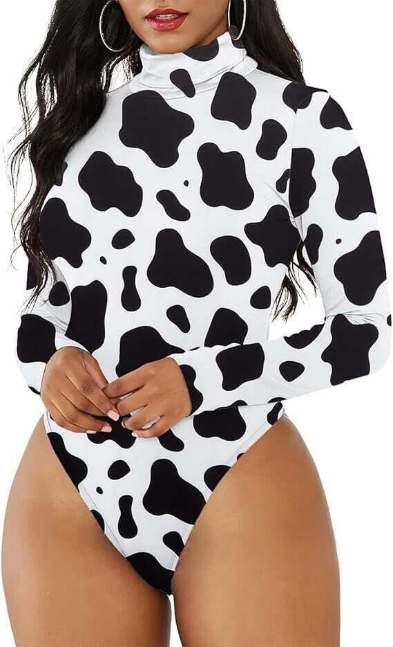 American Trends Long Sleeve Bodysuit for Women Cow Print Turtleneck Bodysuit, XL