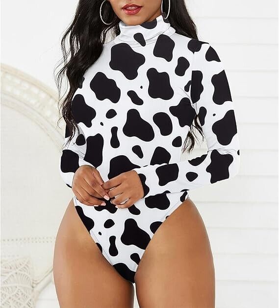 American Trends Long Sleeve Bodysuit for Women Cow Print Turtleneck Bodysuit, XL