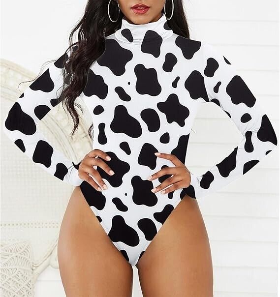 American Trends Long Sleeve Bodysuit for Women Cow Print Turtleneck Bodysuit, XL