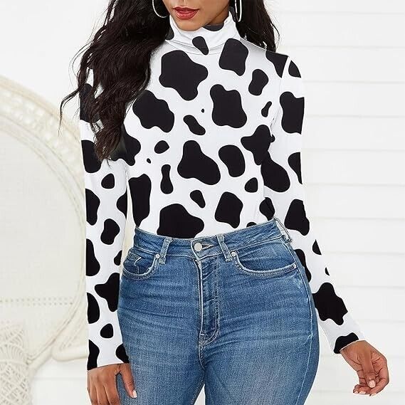 American Trends Long Sleeve Bodysuit for Women Cow Print Turtleneck Bodysuit, XL