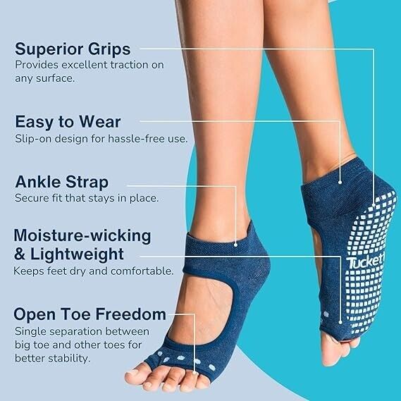Tucketts Allegro Toeless Non-Slip Grip Socks - Anti Skid Yoga, Barre, Pilates