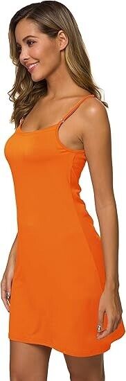 AUHEGN Women's Basic Adjustable Spaghetti Strap Cami Slip Mini Dress, Orange, L