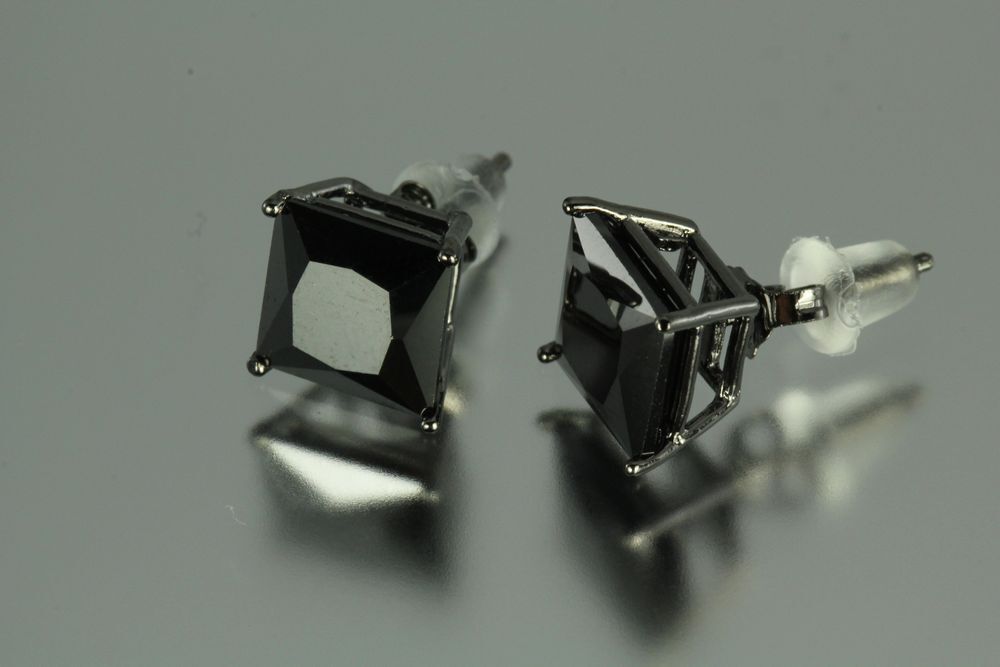 8MM~5.12 CTW~BLACK ON BLACK PRINCESS CUT STERLING SILVER 925 STUD EARRINGS~MXM