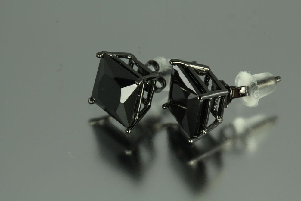 8MM~5.12 CTW~BLACK ON BLACK PRINCESS CUT STERLING SILVER 925 STUD EARRINGS~MXM