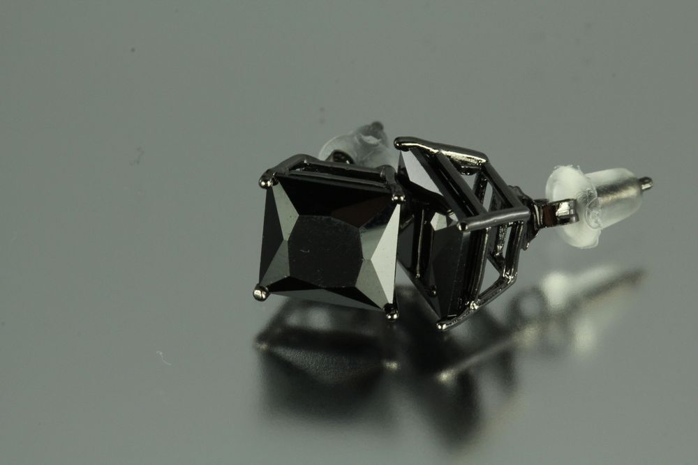 8MM~5.12 CTW~BLACK ON BLACK PRINCESS CUT STERLING SILVER 925 STUD EARRINGS~MXM