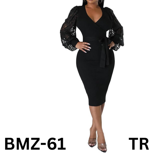 BOGURST Office Dresses for Women for Work Mesh Long Sleeve V Neck Pencil Dress L