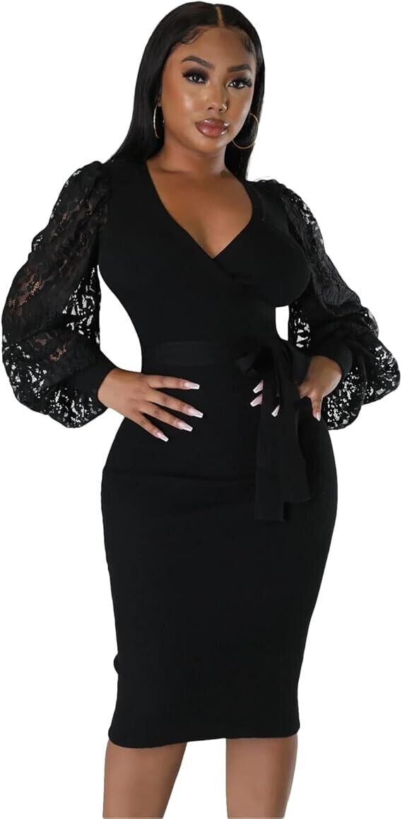 BOGURST Office Dresses for Women for Work Mesh Long Sleeve V Neck Pencil Dress L