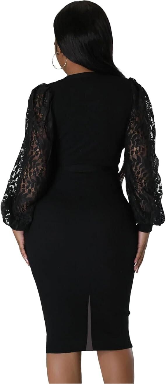 BOGURST Office Dresses for Women for Work Mesh Long Sleeve V Neck Pencil Dress L