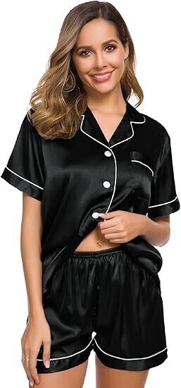 SWOMOG Womens Silk Satin Pajamas Set Two-Piece Pj Sets Sleepwear Loungewear, XL