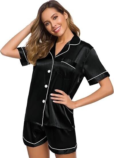SWOMOG Womens Silk Satin Pajamas Set Two-Piece Pj Sets Sleepwear Loungewear, XL