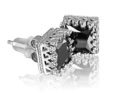 5.1 CRT STERLING SILVER 925 BLACK PRINCESS CUT CROWN SET CZ STUD EARRINGS-MAXX-H