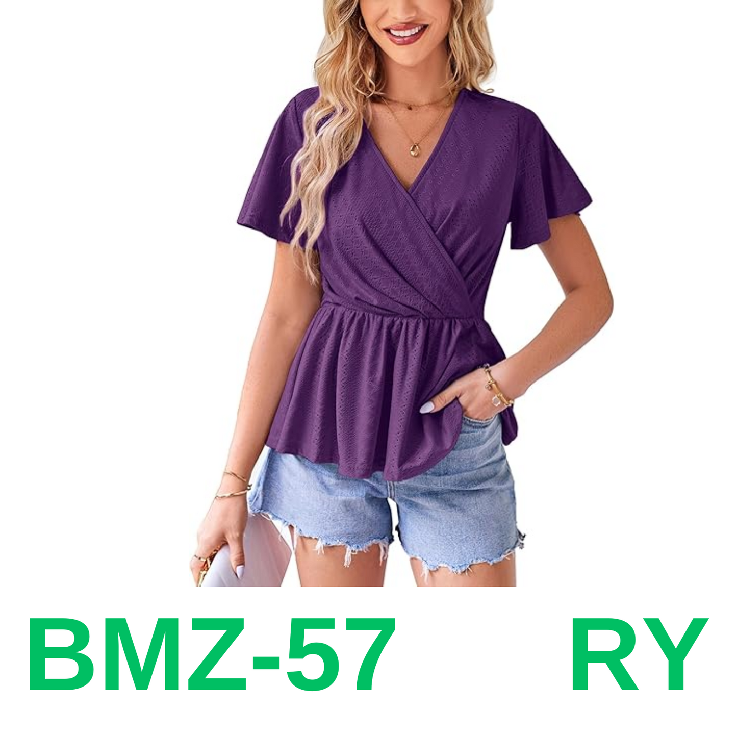 Dressy Tops for Women Summer Casual Wrap Blouses Short Sleeve Eyelet Top, M