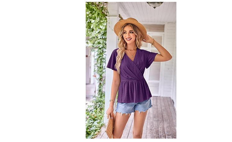 Dressy Tops for Women Summer Casual Wrap Blouses Short Sleeve Eyelet Top, M