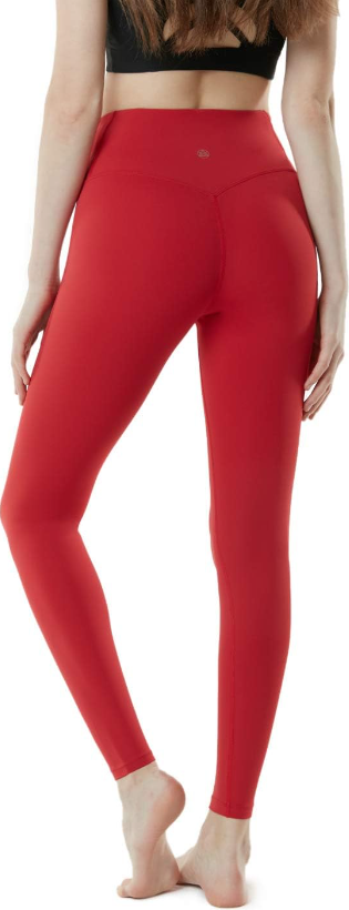 TSLA Women High Waist Yoga Pants with Pockets, Tummy Control Yoga Capris Red M