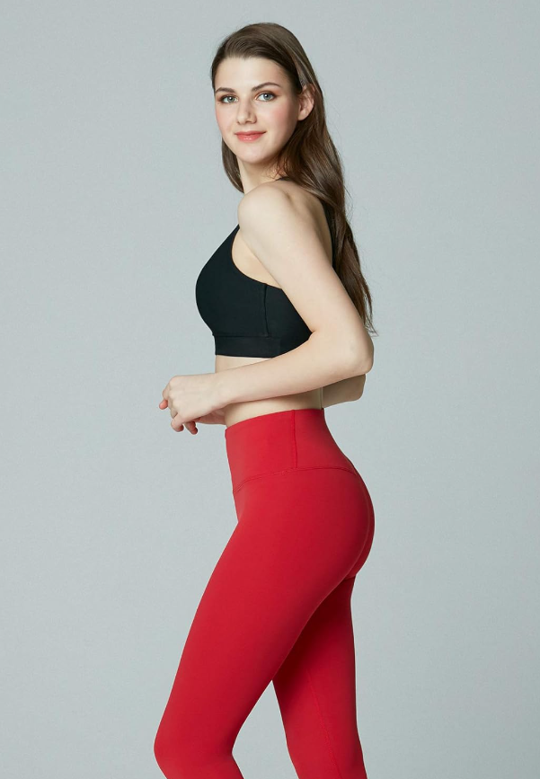 TSLA Women High Waist Yoga Pants with Pockets, Tummy Control Yoga Capris Red M
