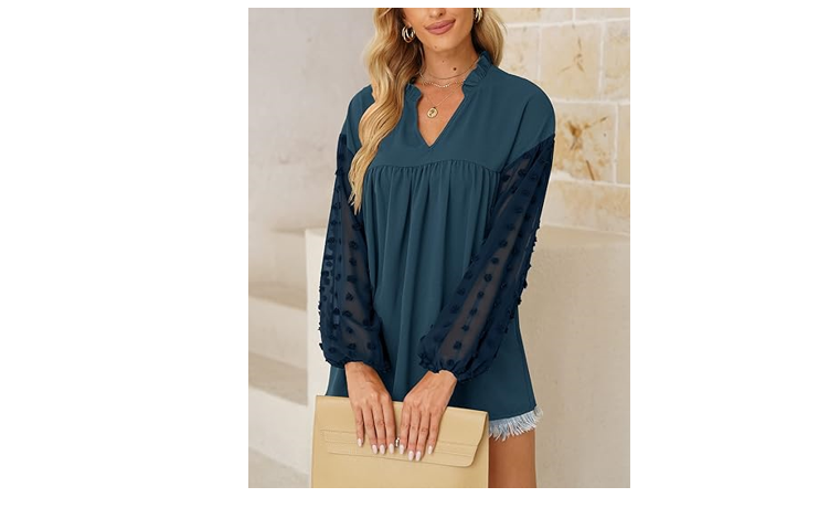 Women V Neck Casual Swiss Dot Shirt Top Lantern Sleeve Business Top Shirt, XL
