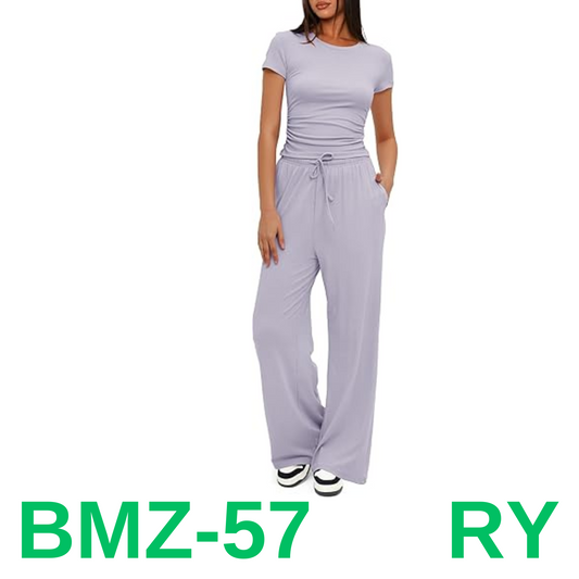 Darong Women's 2 Piece Lounge Sets Wide Leg Pants Set Short Sleeve Crop, M