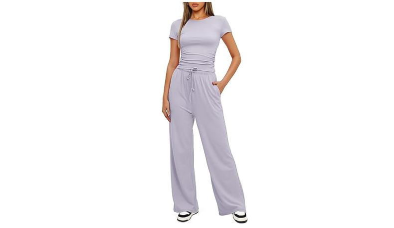 Darong Women's 2 Piece Lounge Sets Wide Leg Pants Set Short Sleeve Crop, M