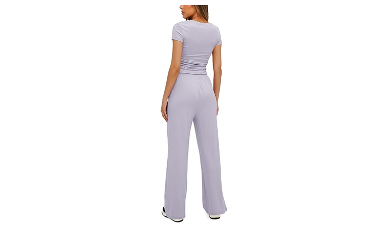 Darong Women's 2 Piece Lounge Sets Wide Leg Pants Set Short Sleeve Crop, M
