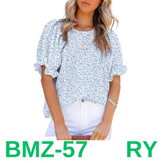 Dokotoo 2024 Summer Blouses for Women Tops Crew Neck Smocked Short Puff, 2XL