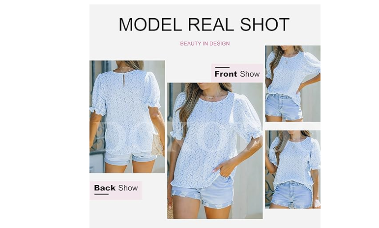 Dokotoo 2024 Summer Blouses for Women Tops Crew Neck Smocked Short Puff, 2XL