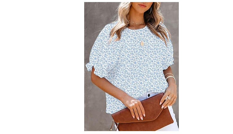 Dokotoo 2024 Summer Blouses for Women Tops Crew Neck Smocked Short Puff, 2XL