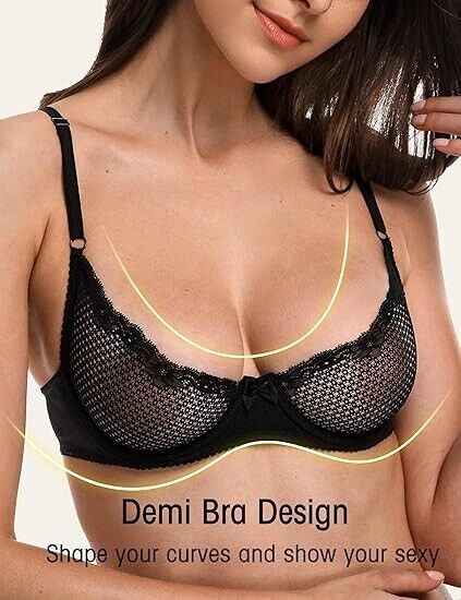 Wingslove Women' Sexy 1/2 Cup Lace Balconette Mesh Underwired Demi Shelf Bra 34D