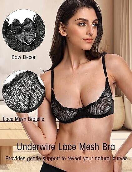Wingslove Women' Sexy 1/2 Cup Lace Balconette Mesh Underwired Demi Shelf Bra 34D