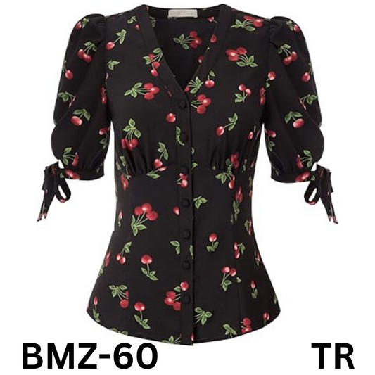 Belle Poque Vintage Puff Sleeve Blouse V Neck Black Tops for Women Work, M
